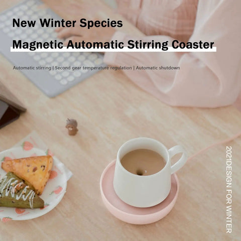 Electric Cup Warmer With Auto Shut Off Timer And Dual Temp Control Keeps Your Morning Brew Cozy On Your Desk With A Bright LED Display Top Tier Gift For Coffee Lovers In White with a pink magnetic automatic stirring coaster.