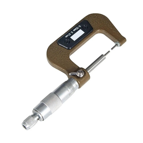 Compact 0 To 25 Mm Mechanical Outer Diameter Micrometer with slender anvil for precise measurements on spline shafts.