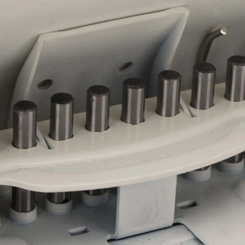 Close-up of Heavy Duty Metal Hole Punch For Home Office Desk showing 10 punch mechanism, handheld desktop paper punch in white.