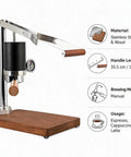 Badass Stainless Steel Manual Lever Espresso Maker With Integrated Pressure Gauge for home use, featuring wood handle and dial gauge.