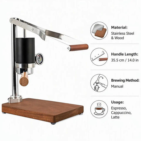 Badass Stainless Steel Manual Lever Espresso Maker With Integrated Pressure Gauge for home use, featuring wood handle and dial gauge.
