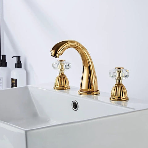 Gold Tone Three Hole Widespread Bathroom Faucet With Crystal Handle Antique Brass Vibe Retro Vintage Lavatory Vanity Faucet