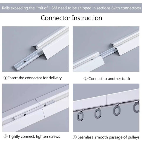 Invisible Ultra Thin Ceiling Curtain Track With Aluminum Rail And Hooks, Silent No Drill Single Curtain Rod For Living Room Bedroom Balcony And Hospital Use, 1.2m Black connector installation