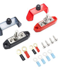 Heavy Duty 3 Circuit Power Distribution Bus Bar Terminal With Reinforced Polycarbonate Cover Straight Up Solid Marine Audio Wiring Kit components including red and gray covers, stainless steel hardware.