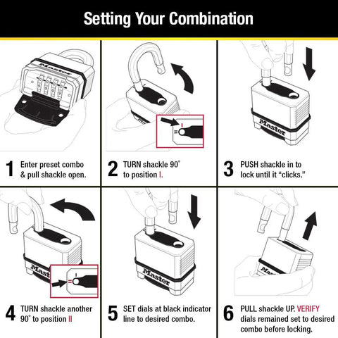 Instruction guide for setting combination on heavy duty outdoor weather resistant combination padlock with resettable code and boron carbide shackle