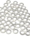 Motorcycle Clutch Cable Kit With 50 Pieces Of Springs And Belleville Washers Pro Fit For Junior And Senior Riders Works With KTM 50 SX 2001 2008 Cable Brake Throttle Replacement For Quick DIY Fix. Silver washers laid out on white background