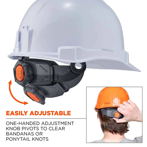 Vented Hard Hat With LED Light Cap Style Safety Helmet Ratchet Suspension Class C Construction Gear close-up adjustment knob