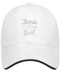 White All Day Adjustable Golf Hat For Men And Women, Breathable Unisex Cap With Adjustable Buckle, "Jesus, Coffee, Golf." embroidery
