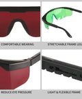 Hella Clear Adjustable Safety Glasses For Green Or Red Laser Alignment With Cross And Multi Line Filter No Sweat Grip Anti Drop Lanyard And Nifty Travel Pouch For Job Sites close-up showing red and green lenses with flexible frame features.