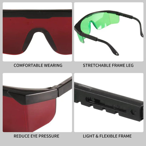 Hella Clear Adjustable Safety Glasses For Green Or Red Laser Alignment With Cross And Multi Line Filter No Sweat Grip Anti Drop Lanyard And Nifty Travel Pouch For Job Sites close-up showing red and green lenses with flexible frame features.