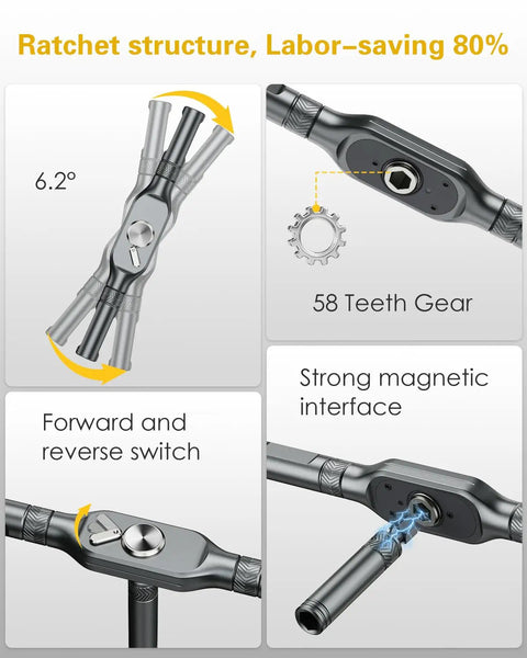 Ratcheting handle features of 71-In-1 Magnetic Screwdriver Set with 58 teeth gear and magnetic interface for DIY projects.