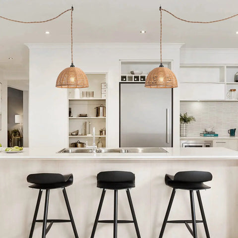Kitchen island with 2 Pack Rattan Plug In Pendant Lights With On Off Switch Vintage Farmhouse Hand Woven Bamboo Dome Lighting