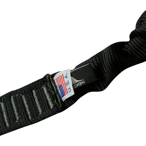Close-up of black Shock Absorbing Lanyard Snap Hook with Frog Snap Hook, showing stitching and U.S.A. flag tag