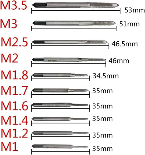10 Piece Metric Tap Set For Clock And Watch Making, Hand Taps M1 To M3.5, showing each size with measurements in mm