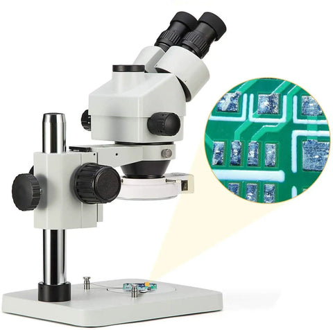 Trinocular Stereo Zoom Microscope With 56 Bulb LED Ring Light 3.5X To 90X Magnification WF10X Eyepieces 0.7X To 4.5X Zoom Objective 0.5X And 2.0X Additional Objectives Table Pillar Stand Pro Grade Lab Gear For Researchers And Gemologists on pillar stand, with PCB viewed under LED light