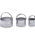 Mrs. Anderson's 3-piece stainless steel round cookie cutter set with handles in graduated sizes.