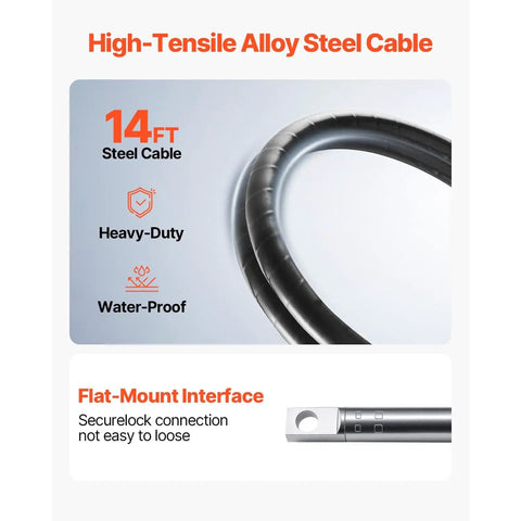 Close-up of 14 Ft Outboard Steering Kit With 13.5 Inch Wheel Beefy Marine Steering Cable, showcasing high-tensile alloy steel and flat-mount interface.