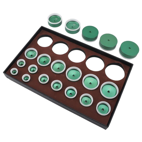 Watch Press Die Set 20 Pcs Kit, 20 To 58mm Dies For Back Case Closer, shown in black tray, green and white dies visible.