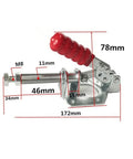 Five Pack Toggle Latch Clamps For Woodworking, Quick Release Push Pull Clamps with red grip, Cold Rolled Steel Construction, dimensions shown