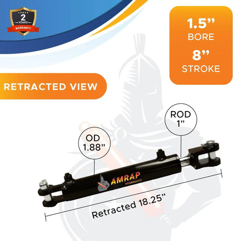 Heavy Duty 1.5 Inch Bore 8 Inch Stroke Hydraulic Cylinder Double Acting Welded Clevis With Three Eighths Inch NPT Ports retracted view