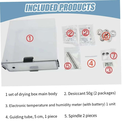 Included products for See Through Filament Dryer Box For 3D Printer With Air Tight Seal package contents