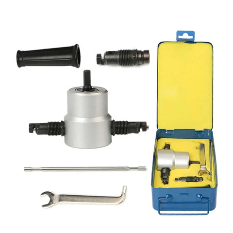 Double Head Sheet Metal Nibbler With LED Illumination Metal Cutter Drill Attachment and accessories in open case