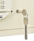Close-up of Hotel Safe With Electronic Lock And Card Slot Keyed Differently Off White 15W X 10D X 7H showing mechanical override keys.
