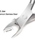 Pro Grade Cuticle Trimmer With Pusher And Cutter, Premium Stainless Steel Nail Nippers close-up showing 1/2 jaw and dimensions