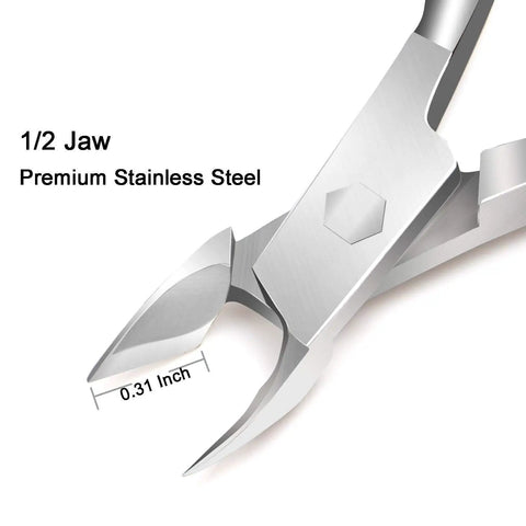 Pro Grade Cuticle Trimmer With Pusher And Cutter, Premium Stainless Steel Nail Nippers close-up showing 1/2 jaw and dimensions