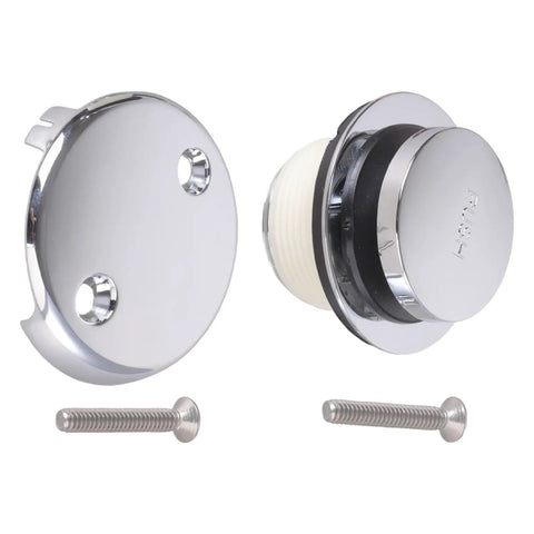 Easy Installation Bath Tub Drain Set for Bathtubs, chrome finish drain stopper with installation screws visible.