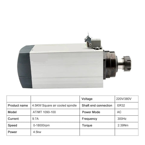 CNC Spindle Motor 4.5KW 380V Air Cooled with ER32 Chuck 18000 RPM 9.7A specifications and side view on white background