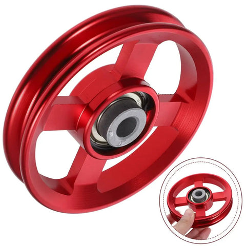Red aluminum Fitness Pulley Wheels For Gym Equipment Aluminum Alloy Sturdy Replacement with central bearing and easy installation.