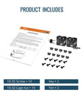 Contents of Solid As A Rock 12U Wall Mount Server Cabinet with fans, screws, cage nuts, keys, and instructions.