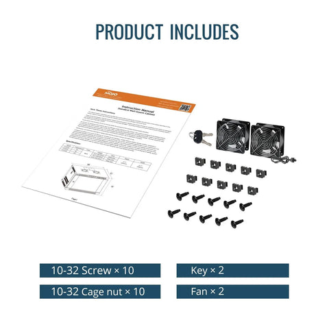 Contents of Solid As A Rock 12U Wall Mount Server Cabinet with fans, screws, cage nuts, keys, and instructions.