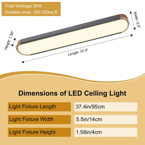 Dimensions of Dimmable LED Ceiling Light With Remote Control 37.4 Inch Flush Mount Low Profile Modern Wood Grey Finish