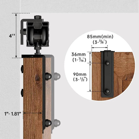 Side view of 10 Foot Double Barn Door Hardware Kit Box Rail Wall Mount Exterior Beefy Heavy Duty Aluminum Track, detailed measurements shown.