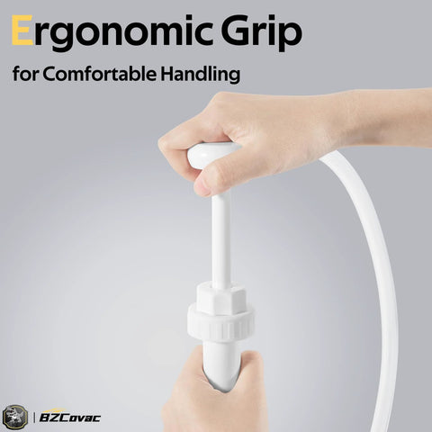 Front view of Bzcovac 30cc hand oil transfer pump with white plastic body and ergonomic grip.