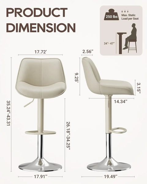 Adjustable Swivel Faux Leather Bar Stools Set Of 2, 26-34 Inch Counter Height Chairs with Footrests, Beige Finish, product dimensions