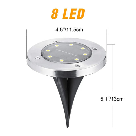 12 Pack Solar Ground Lights With 8 LED Each In Ground Round Puck Lights, stainless steel and spike dimensions shown