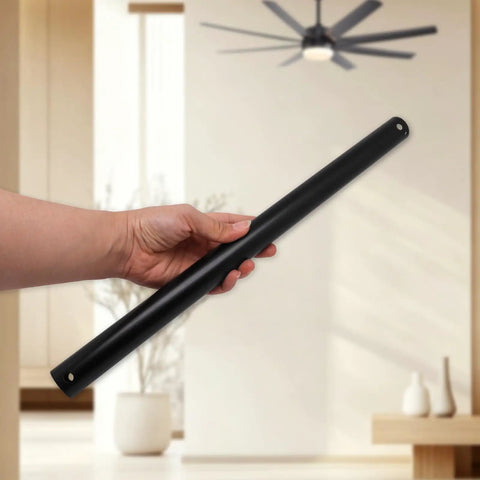 Hella Sturdy 16 Inch Ceiling Fan Extension Rod Non Threaded Drop Pipe shown in hand, matte black metal design for stability.