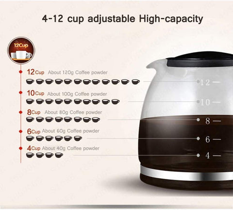 Glass coffee pot with markings for 4 to 12 cups, showing coffee powder measurements. High-capacity cup indicator visible.