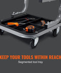 Rolling Creeper Seat For Garage And Shop, Padded Mechanic Stool With Tool Tray Storage, 250 Lb Capacity, Easy Glide Casters, Steel Frame, Ideal Auto Repair Chair For Garage, Black showing tool tray with tools.