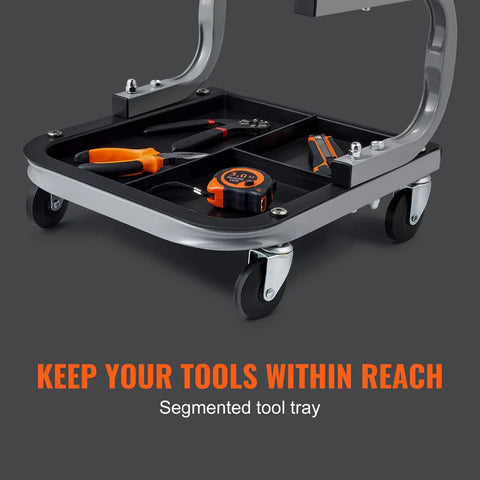 Rolling Creeper Seat For Garage And Shop, Padded Mechanic Stool With Tool Tray Storage, 250 Lb Capacity, Easy Glide Casters, Steel Frame, Ideal Auto Repair Chair For Garage, Black showing tool tray with tools.