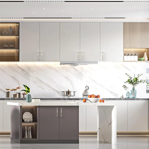 Modern kitchen with 10 Pack 5 Inch Brushed Satin Nickel Cabinet Handles for Kitchen Cabinets and Drawers installed.