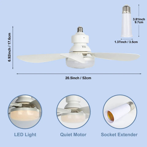 Remote Dimmable Socket Fan Light, 20.5 Inch Screw-In Ceiling Bulb Fan Combo with Socket Extender, dimensions and features