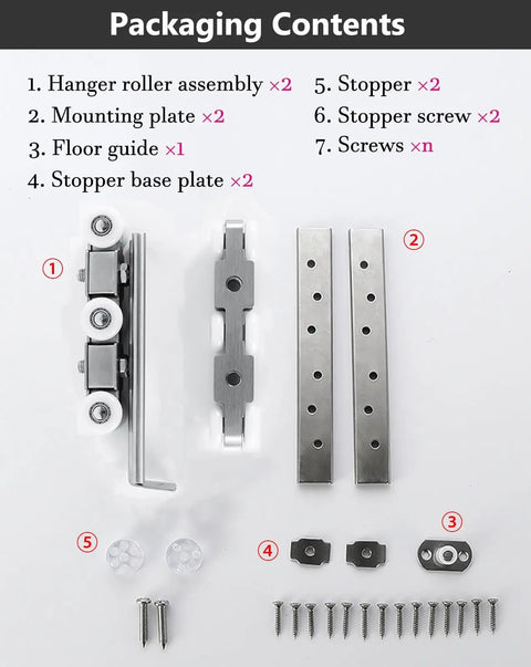 Components of 24ft Sliding Barn Door Track System Kit For Ceiling Mount In Closets, Garages And Rooms, Durable Aluminum Track