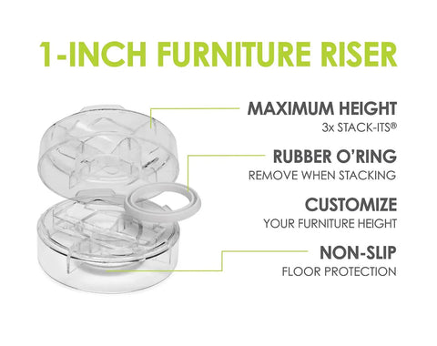 Heavy Duty Clear Stackable Furniture Risers Set Of 8 Adjustable Bed Lifters With Secure Grip 1 To 3 Inch Flexible Lift Acrylic Foot Expanders for 1-inch furniture riser with rubber O-ring detail.