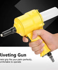 Built Like A Tank Pneumatic Rivet Gun Featuring An Easy Grip Design And Rapid Air Powered Drive For Auto Repair And Metal Fabrication 2 Point 4 To 4 Point 8 mm Fasteners In Bright Yellow held in hand.