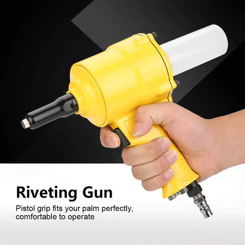 Built Like A Tank Pneumatic Rivet Gun Featuring An Easy Grip Design And Rapid Air Powered Drive For Auto Repair And Metal Fabrication 2 Point 4 To 4 Point 8 mm Fasteners In Bright Yellow held in hand.