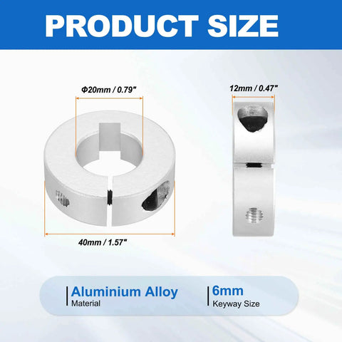 2 Pack Aluminum Shaft Collar Clamp Style Locking, 3/4 Bore, 1-9/16 OD, 1/2 Thick, Heavy Duty One Piece Design for CNC Machines and Industrial Automation, Secures Bearings, Gears, and Pulleys on Shafts. Aluminum alloy shaft collar with 6mm keyway, 40mm OD and 12mm thick.